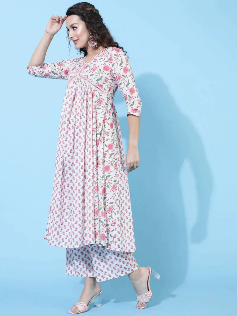 B1-3-2印度进口民族风情女装纯棉碎花裙七分袖套头V领旁遮比套装