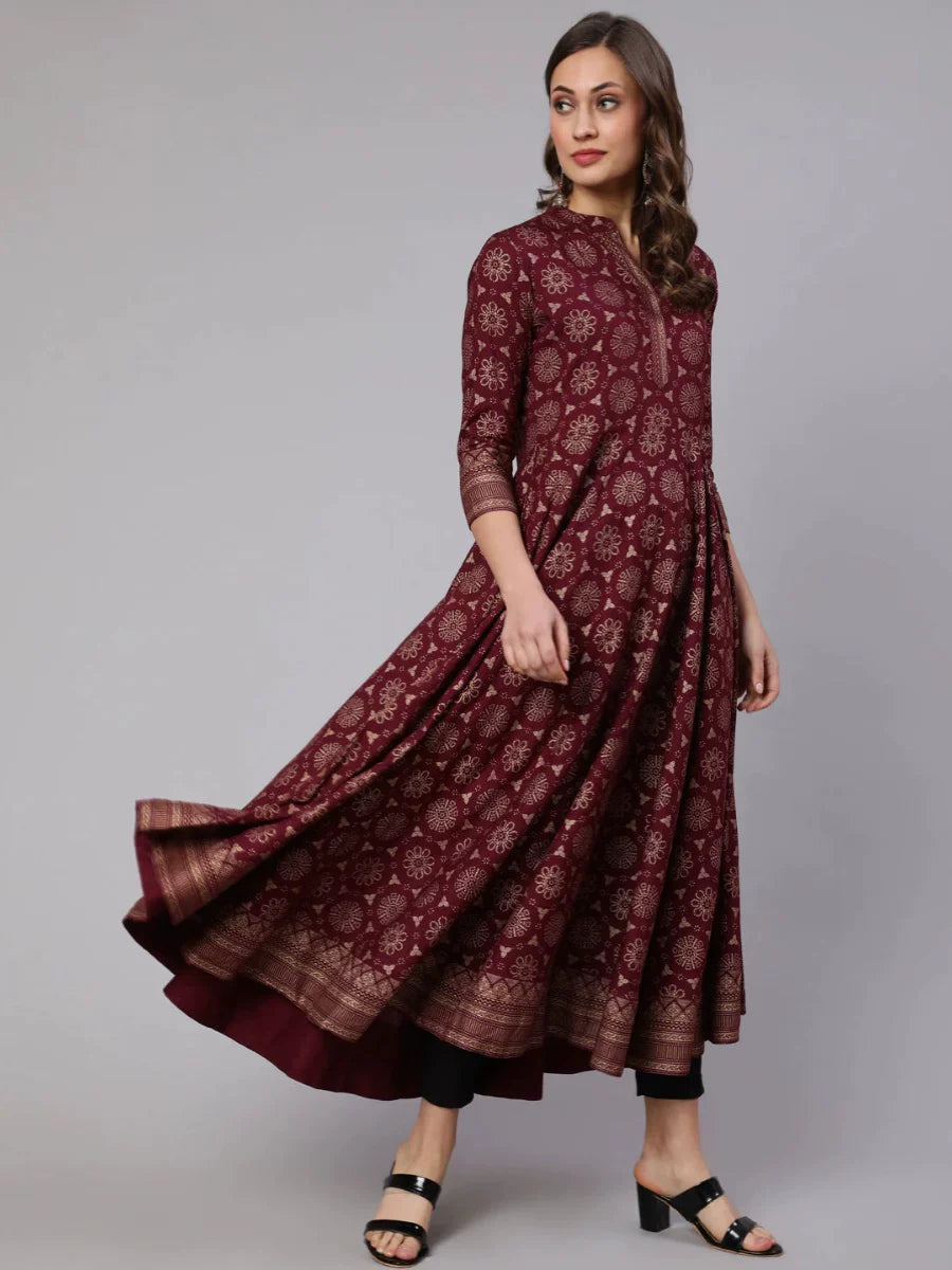 B1-2-4春夏新款印度进口女装民族风绵绸印花立领酒红色长款连衣裙