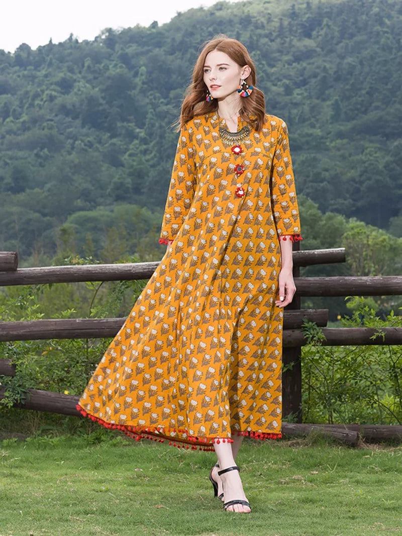 印度泰国纯棉服饰女民族风连衣裙 印花镶镜片中长款春夏【4色入】